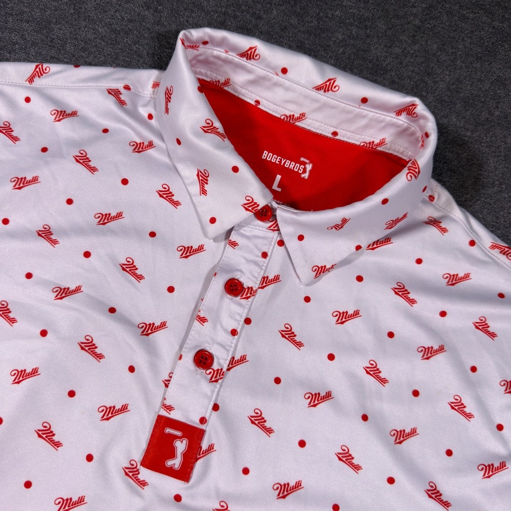 Bogey Bros Golf Polo Shirt Mens Large White Red Mulli Polka Dot Performance